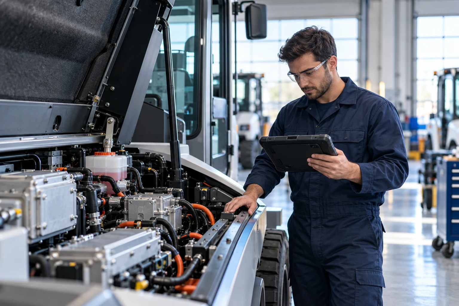 Technician using a diagnostic tablet beside an open equipment service compartment