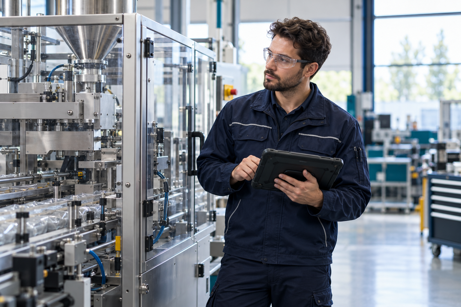Service technician using a rugged tablet beside industrial equipment