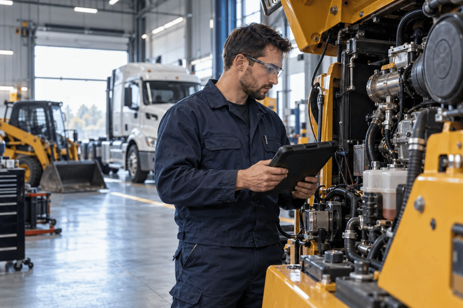 Service technician reviewing diagnostic data beside industrial equipment in an OEM service facility