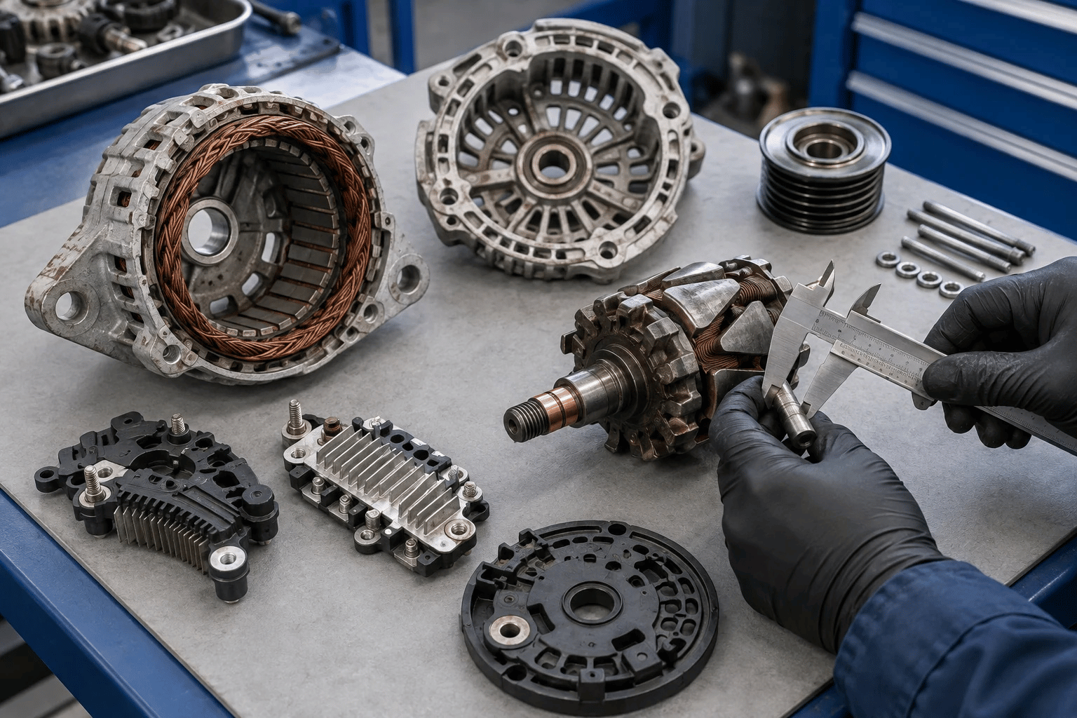 Dismantled automotive alternator components undergoing physical inspection for remanufacturing assessment