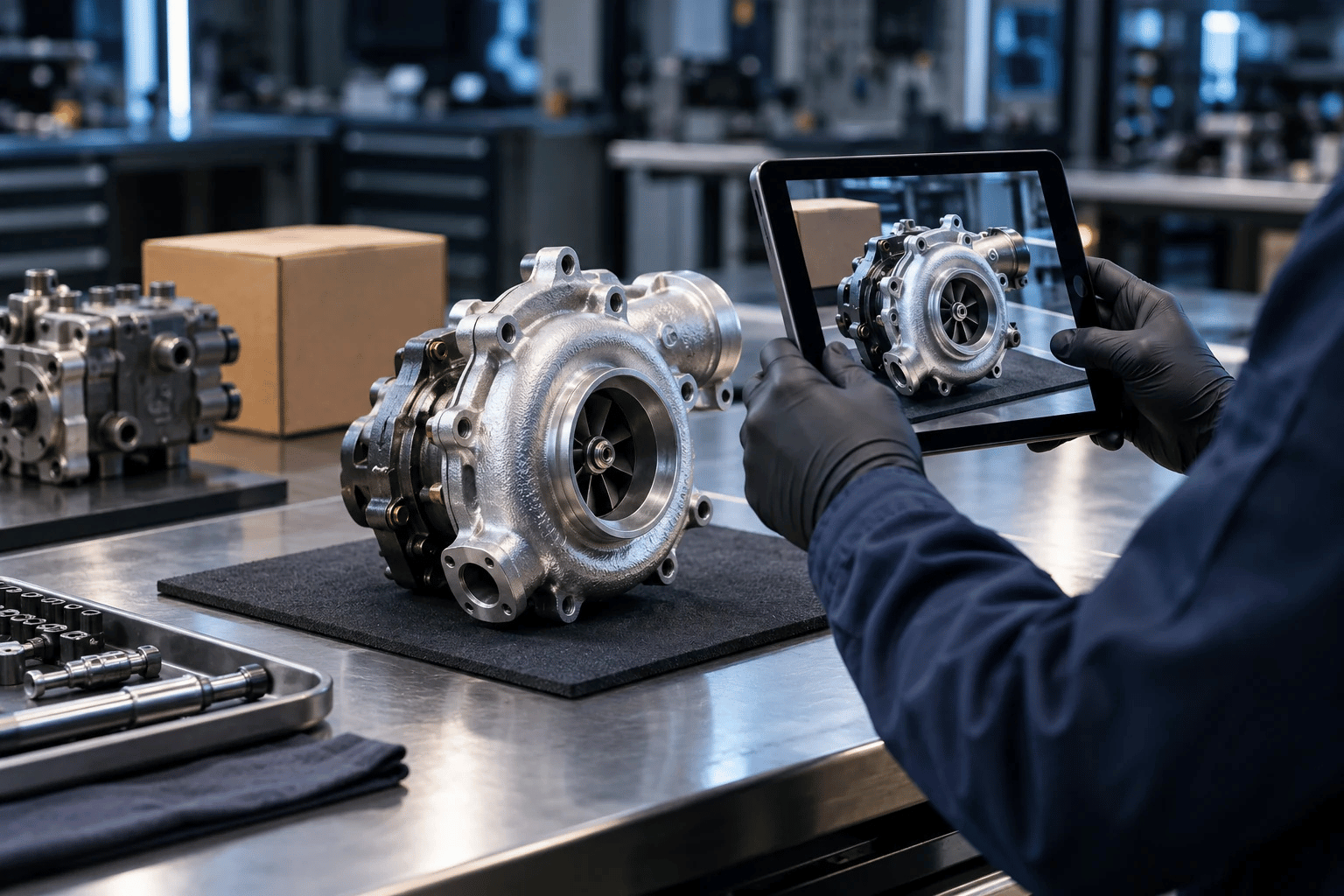 Technician capturing visual evidence from an automotive component at an inspection bench