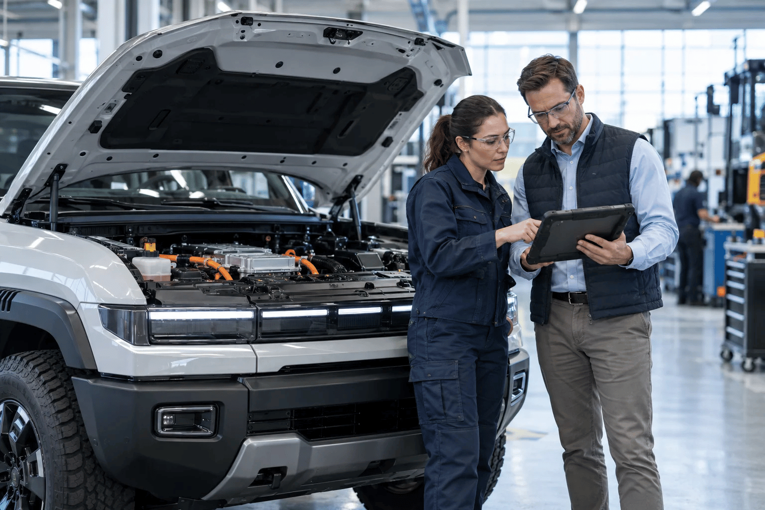 OEM service and warranty specialists reviewing diagnostic evidence in a workshop