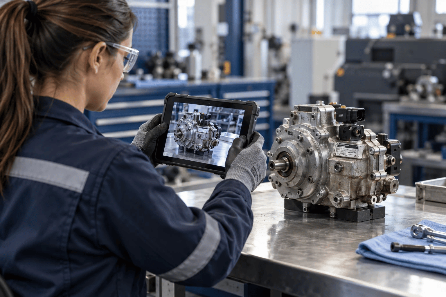 Illustrative field service technician using a tablet camera to capture a disconnected pump assembly for visual inspection.