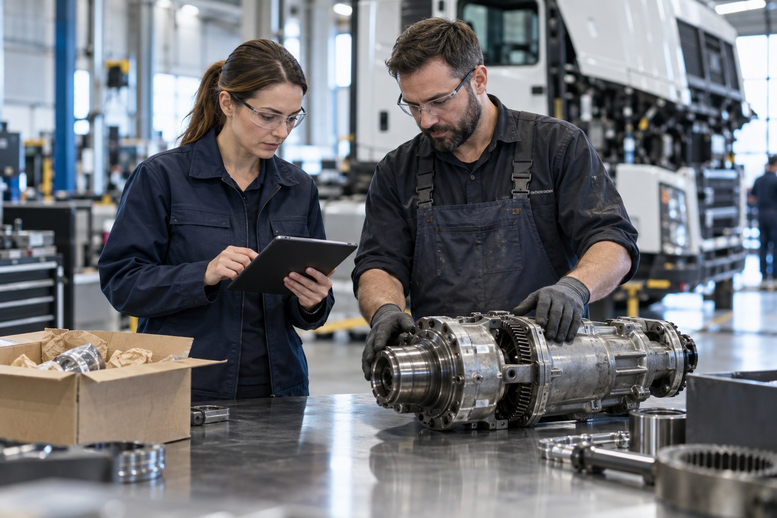 Quality engineer and service technician reviewing a drivetrain component and its repair evidence